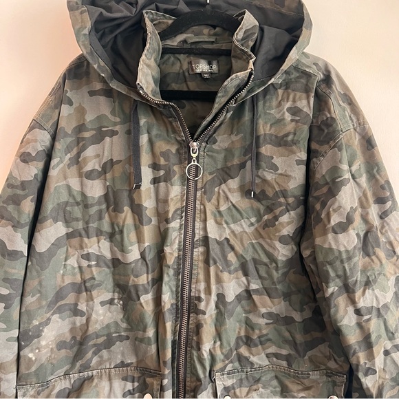 TOP SHOP Long Zip Camo Jacket - Size 8 - Picture 2 of 10